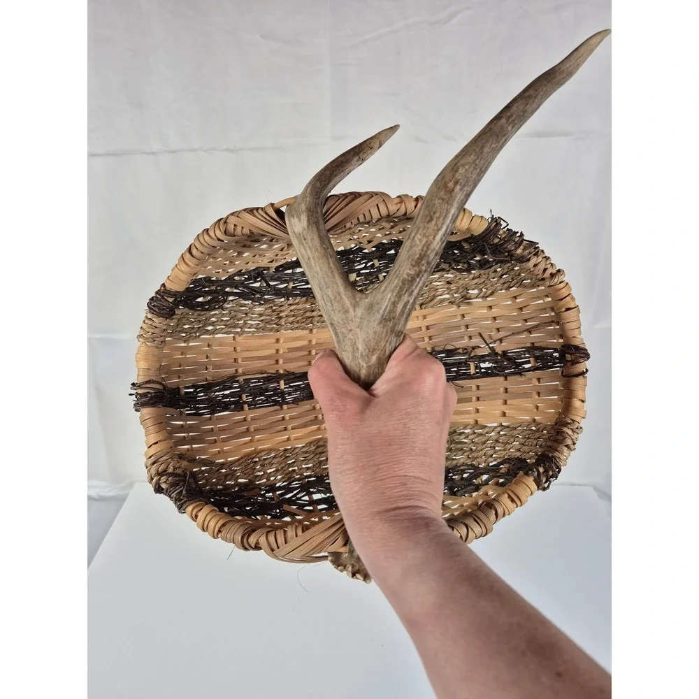 Vintage Deer Antler Handle Woven Basket Rustic Cabin Lodge Decor Handmade